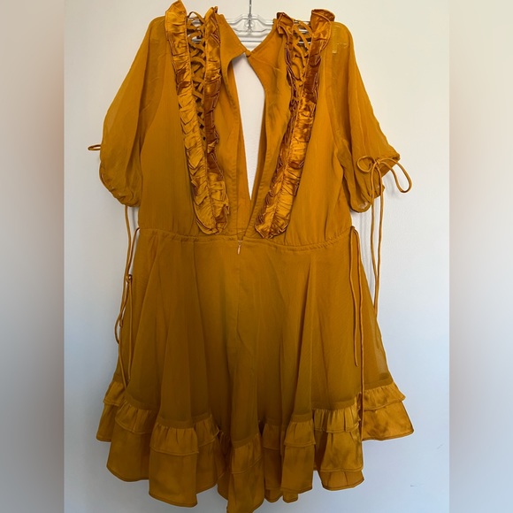 Mustard ASOS DESIGN Mini Dress with Satin Trim Ruffle and Tie Detail - Picture 4 of 7